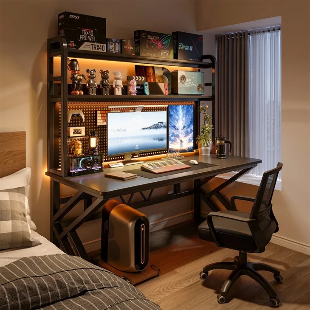 Retro Gaming Table - Gaming Desk with Bookshelf and Pegboard